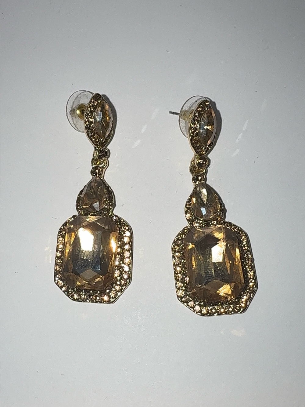 Gold Champagne Austrian Crystal Emerald Cut Statement Dangle Earrings